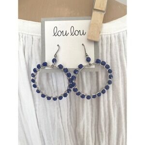 Lou Lou Hoop Earrings Blue Crystal Wire Wrapped Silver Tone Artisan